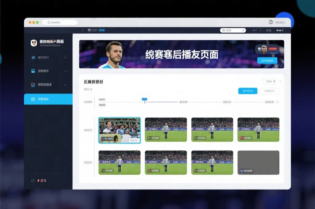 比赛结束后，电视屏幕展示集锦回放页面，旁边有时间轴和多角度切换提示